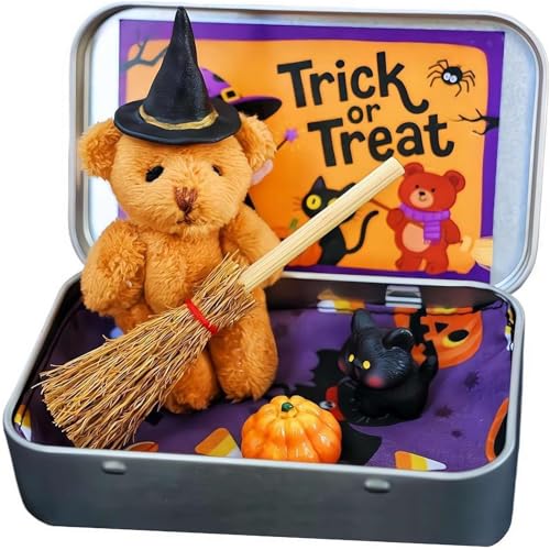Halloween Bear in a Box for Trick or Treat,Teddy Bear in a Box for Trick or Treat - Miniature Witcher,Handmade Witch Teddy Bear in Box, with Witch Wizard Blanket Broom Cape Pumpkin & Cats (Brown) von Generisch