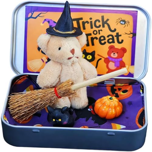 Halloween Bear in a Box for Trick or Treat,Teddy Bear in a Box for Trick or Treat - Miniature Witcher,Handmade Witch Teddy Bear in Box, with Witch Wizard Blanket Broom Cape Pumpkin & Cats (Khaki) von Generisch