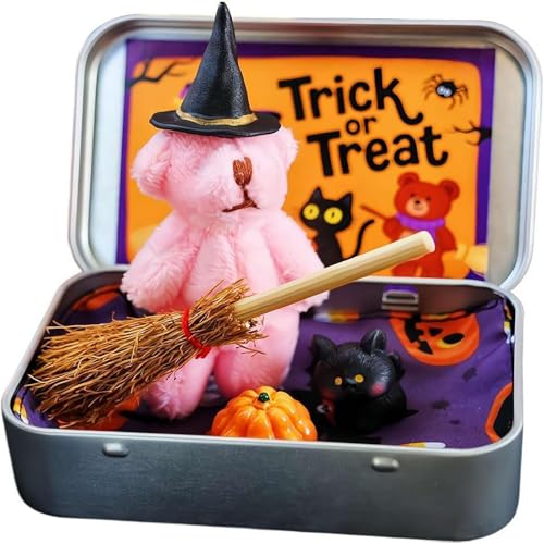 Halloween Bear in a Box for Trick or Treat,Teddy Bear in a Box for Trick or Treat - Miniature Witcher,Handmade Witch Teddy Bear in Box, with Witch Wizard Blanket Broom Cape Pumpkin & Cats (Pink) von Generisch