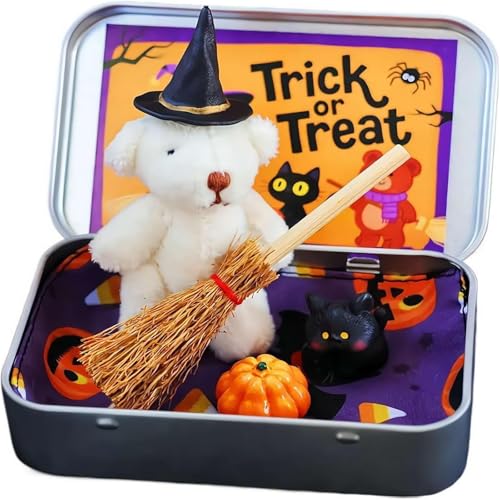 Halloween Bear in a Box for Trick or Treat,Teddy Bear in a Box for Trick or Treat - Miniature Witcher,Handmade Witch Teddy Bear in Box, with Witch Wizard Blanket Broom Cape Pumpkin & Cats (White) von Generisch