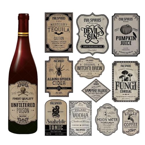 Halloween Bottle Labels Aufkleber -Halween Party Dekoration Weinbar Horror Atmosphäre Requisiten Getränketiketten, 12 Prozent Getränkeglasabziehbilder, trinken Hauswarming selbst klebend für Wand von Generisch