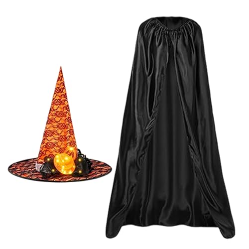 Halloween Cape Set - Halloween Kostüme Hexen Umhang Witch Cape, schwarzer Umhang Halloween | Unisex Halloween Cape, Halloween -Kostüme mit Light Up Witch Hut Black Cape Set für Erwachsene für Kostümro von Generisch
