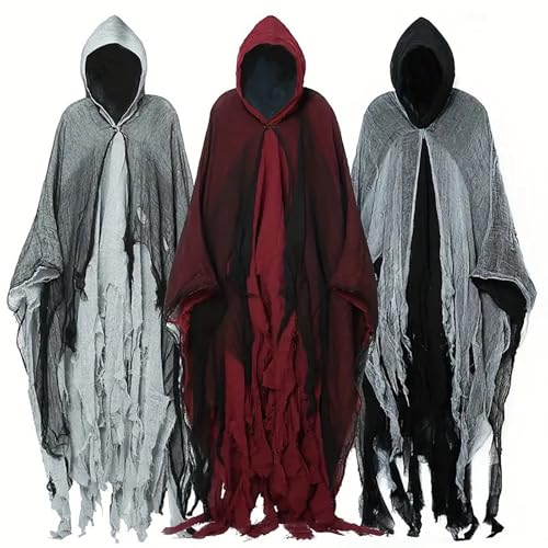 Halloween Geister Umhang mit Kapuze, Halloween Kostüm Gruselig, Sensenmann Kostüm Erwachsene, Geisterbraut Kostüme, Ghost Halloweenkostüm Für Damen Herren 185cm (MIX*3) von Generisch