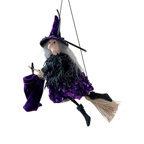 Halloween-Hexe zum Hängen: Fliegende Hexe, Halloween-Dekoration mit Süßigkeitentüte – Hängende Requisite für drinnen und draußen – Spukhaus (C) von Generisch