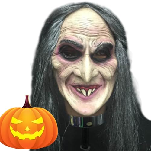 Halloween Hexengesichtsabdeckung - Gruselige Latexmaske, Kopfbedeckung der alten Frau, Spukhaus-Requisite, realistisches Horror-Kostüm-Zubehör, Langhaar, Hexenmaske, Cosplay, Dress Up Halloween-Party Halloween Hexengesichtsabdeckung - Gruselige Latexmaske, Kopfbedeckung der alten Frau, Spukhaus-Requisite, realistisches Horror-Kostüm-Zubehör, Langhaar, Hexenmaske, Cosplay, Dress Up Halloween-Party von Generisch