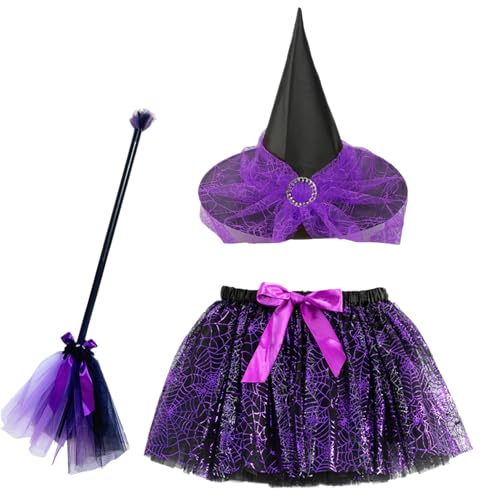 Halloween-Hexenkostüm – Kinder-Hexenkostüm-Zubehör-Set mit Besen und Rock, verstellbares Halloween-Cosplay-Outfit-Set für Kleid, Party, Karneval, Maskerade, Themen-Fotoshootings von Generisch