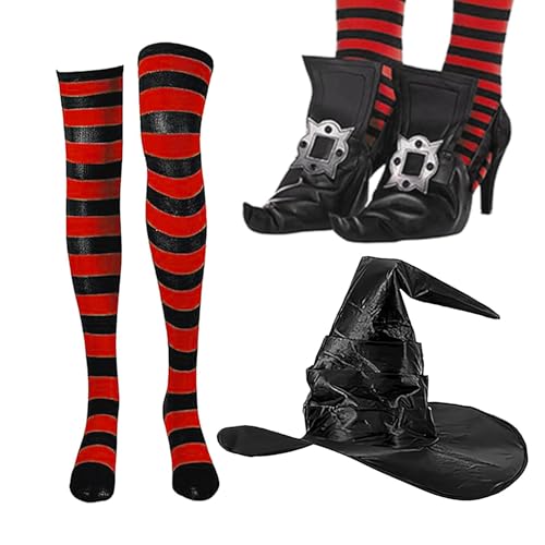Halloween Hexenkostüm Set, Halloween Kostüm Set, Komplettes Halloween Hexenkostüm, Gruselige Spitze Hexenschuhe, Gestreifte Kniestrümpfe und Hexenhut, für Halloween Mottopartys, Kostüm für Erwachsene von Generisch