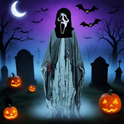 Halloween Kapuze Cape Outfit Geister Kostüme, 3Pcs Halloween Kostüme Set mit Scream Ghostface Maske, Halloween Umhang, Requisitendolch, für Unisex Halloween Party Cosplay von Generisch
