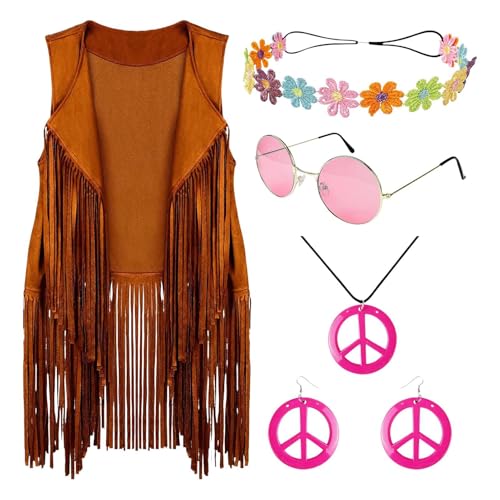Halloween Karneval Damen Hippie-Kostüm-Set, Disco-Outfits Hippie-Zubehör | 5 Stück Damenkostüme - Hippie-Accessoires, Disco-Outfits, Fransen-Detail für Halloween, Geburtstag, Ostern von Generisch