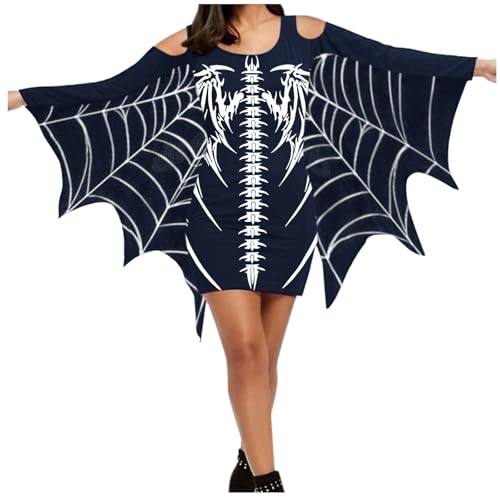 Halloween Kleid Damen Gruselig Skelett Fledermausärmel Blutbefleckt Schmale Passform Gothic Kleidung Kostüm Gruseliges Bodycon Minikleid Karneval Vampir Urlaub Abschlussball, Marine, XL von Generisch