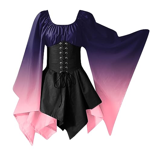 Halloween Kleid Damen Halloween-Kostüm Damen Große Größen Goth Dress Halloweenkostüm Hexenkleid Mittelalter Gothikkleider Oberteil Curvy Outfit Plus Size Kleidung 2#dunkelviolett S von Generisch
