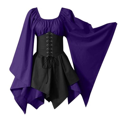 Halloween Kleid Damen Halloween Kostüm Damen Hexe Gothikkleider Mittelalter Oberteil Cosplay Hexenkleid Elegant Große Größen Dress Curvy Outfit Cosplay Kleidung 2#dunkelviolett M von Generisch