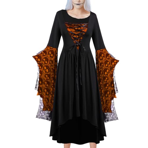Halloween Kleider, Gotisches Damenkostüm Halloween, Renaissance-Vintage-Outfit mit Schnürung und Schädeldruck für Damen Halloween Kleider, Gotisches Damenkostüm Halloween, Renaissance-Vintage-Outfit mit Schnürung und Schädeldruck für Damen von Generisch