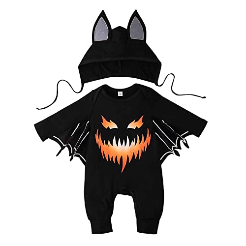 Halloween Kostüm Baby Pumpkin Faschingskostuem Kinder Jungen Mädchen Fledermaus Ärmel Strampler Neugeborene Kürbis Print Fledermaus Kostuem Meine Ersten Halloween 1 Jahr von Generisch