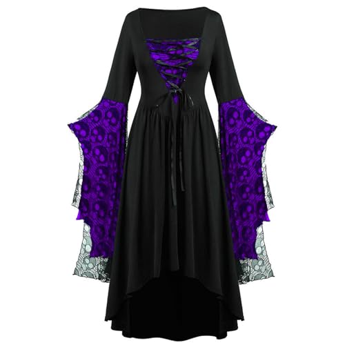 Halloween Kostüm Damen, Mittelalter Gothic Kleid Vampir Kostüm Damen Trompetenärmeln Gebundene Taille Kleid, Halloween Karneval Festlich Cosplay Dress (Lila-Schwarz, 3XL) von Generisch