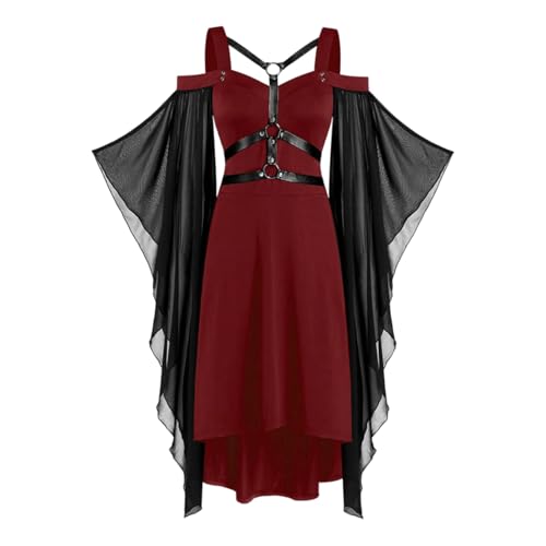 Halloween Kostüm Damen, Mittelalter Vintage Gothic Kleid, Trompetenärmeln Gebundene Taille Kleid Renaissance Party Kleidung für Halloween Karneval Festlich Cosplay Dress (Rot, 4XL) von Generisch