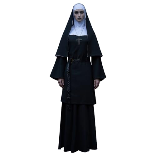 Halloween Kostüm Damen Nonne - Kostüme Gruselig für Karneval Cosplay Ausführen Halloween (Kleid + Hut + Handschuhe + Halskette) Schwarz M von Generisch