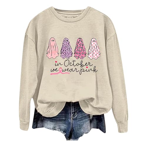 Halloween Kostüm Damen Pullover Süßer Kleiner Geist Oberteile Rundhalsausschnitt Outfit Ohne Kapuze Pulli Langen Ärmel und Halloween Gespenst Aufdruck Tops (Beige, L) von Generisch