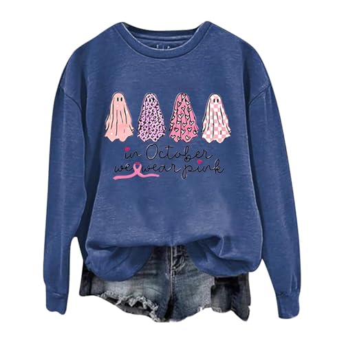 Halloween Kostüm Damen Pullover Süßer Kleiner Geist Oberteile Rundhalsausschnitt Outfit Ohne Kapuze Pulli Langen Ärmel und Halloween Gespenst Aufdruck Tops (Blau, S) von Generisch