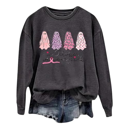 Halloween Kostüm Damen Pullover Süßer Kleiner Geist Oberteile Rundhalsausschnitt Outfit Ohne Kapuze Pulli Langen Ärmel und Halloween Gespenst Aufdruck Tops (Dunkelgrau, M) von Generisch