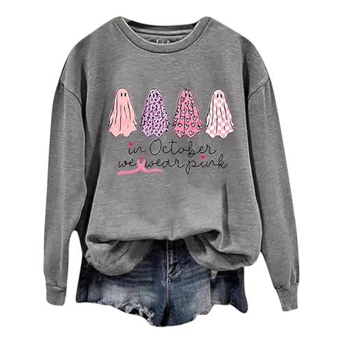 Halloween Kostüm Damen Pullover Süßer Kleiner Geist Oberteile Rundhalsausschnitt Outfit Ohne Kapuze Pulli Langen Ärmel und Halloween Gespenst Aufdruck Tops (Grau, M) von Generisch