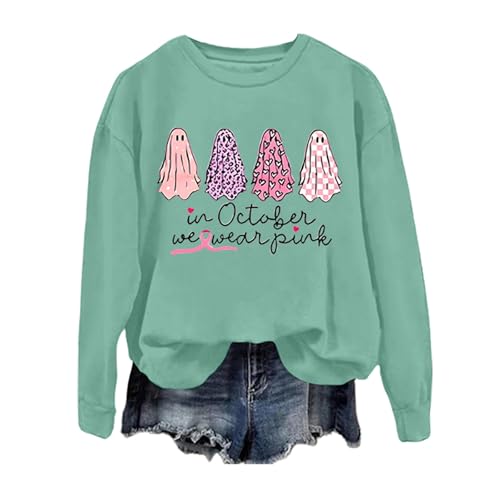 Halloween Kostüm Damen Pullover Süßer Kleiner Geist Oberteile Rundhalsausschnitt Outfit Ohne Kapuze Pulli Langen Ärmel und Halloween Gespenst Aufdruck Tops (Mint Grün, L) von Generisch