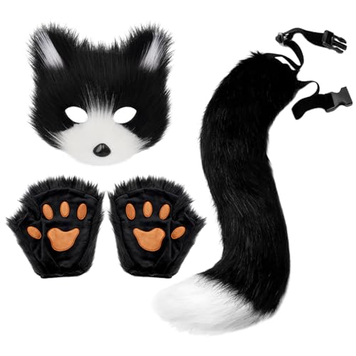 Halloween Kostüm Katze, Fuchs Kostüm Set mit Pelzige Katzen Fuchs Maske, Flauschiger Fuchsschwanz und Handschuhe, Katzen Kostüme für Kinder, Masken Kostüme für Halloween Cosplay Karneval Party von Generisch