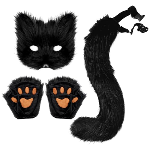 Halloween Kostüm Katze, Fuchs Kostüm Set mit Pelzige Katzen Fuchs Maske, Flauschiger Fuchsschwanz und Handschuhe, Katzen Kostüme für Kinder, Masken Kostüme für Halloween Cosplay Karneval Party von Generisch