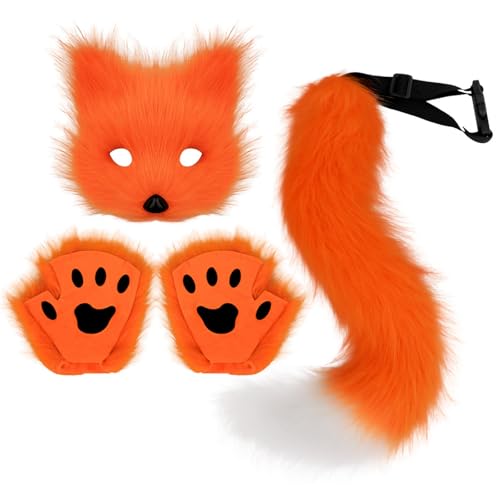 Halloween Kostüm Katze, Fuchs Kostüm Set mit Pelzige Katzen Fuchs Maske, Flauschiger Fuchsschwanz und Handschuhe, Katzen Kostüme für Kinder, Masken Kostüme für Halloween Cosplay Karneval Party von Generisch