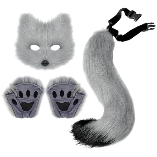 Halloween Kostüm Katze, Fuchs Kostüm Set mit Pelzige Katzen Fuchs Maske, Flauschiger Fuchsschwanz und Handschuhe, Katzen Kostüme für Kinder, Masken Kostüme für Halloween Cosplay Karneval Party von Generisch