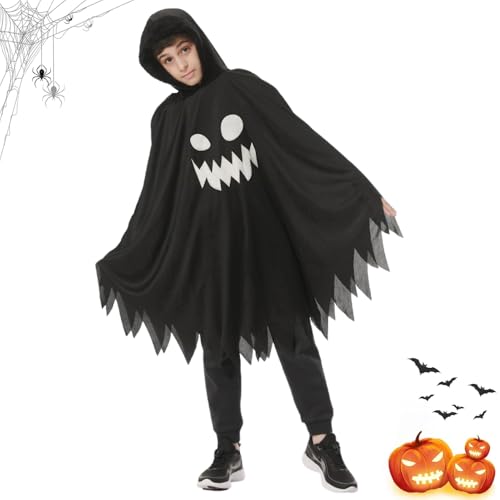 Halloween Kostüm Kinder, 2025 Neu Geister Kostüm Kinder mit Kapuze, Halloween Kostüm Baby für Weihnachten Verkleidung Karneval Halloween für Mädchen Jungen (Schwarz, XS(100-110cm)) von Generisch
