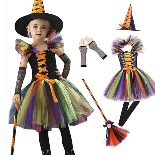 Halloween Kostüm Kinder Hexe, HexenkostüM Mädchen Set, Hexenbesen, TüTü Rock mit Hexen Hut, Witch Costume Girl für Karneval Faschingskostüme Kostüm (Bunt, 9-10 Jahre) von Generisch