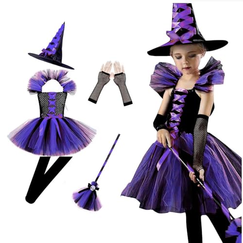 Halloween Kostüm Kinder Hexe, HexenkostüM Mädchen Set, Hexenbesen, TüTü Rock mit Hexen Hut, Witch Costume Girl für Karneval Faschingskostüme Kostüm (Lila, 7-8 Jahre) von Generisch