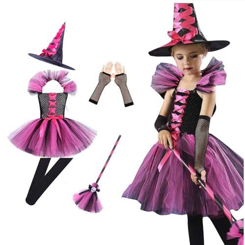 Halloween Kostüm Kinder Hexe, HexenkostüM Mädchen Set, Hexenbesen, TüTü Rock mit Hexen Hut, Witch Costume Girl für Karneval Faschingskostüme Kostüm (Rosa, 5-6 Jahre) von Generisch