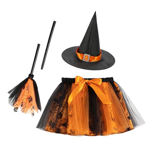 Halloween Kostüm Kinder Hexe Mädchen, Halloween Hexenkostüm Kinder Verkleidung Set mit Tüllrock, Hexenhut und Besen, Tütü Kleid Mädchen Hexen Kostüm für Karneval, Mottoparty, Faschingskostüme von Generisch