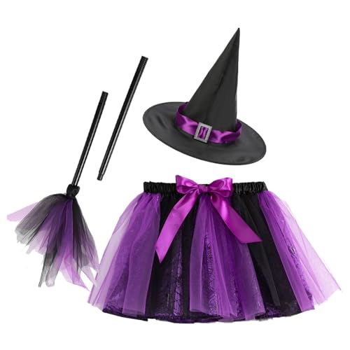 Halloween Kostüm Kinder Hexe Mädchen, Halloween Hexenkostüm Kinder Verkleidung Set mit Tüllrock, Hexenhut und Besen, Tütü Kleid Mädchen Hexen Kostüm für Karneval, Mottoparty, Faschingskostüme von Generisch