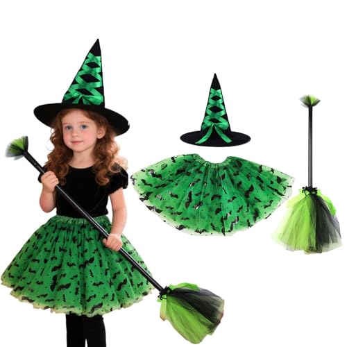 Halloween Kostüm Kinder Hexe Set, Hexenbesen, TüTü Rock mit Hexen Hut, Witch Costume Girl für Faschingskostüme Karneval Kostüm 2-8 Jahre (Grün, 4–6 Jahre) von Generisch