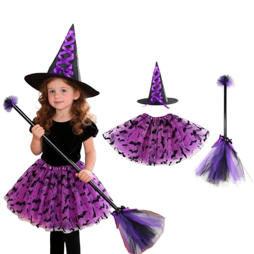 Halloween Kostüm Kinder Hexe Set, Hexenbesen, TüTü Rock mit Hexen Hut, Witch Costume Girl für Faschingskostüme Karneval Kostüm 2-8 Jahre (Lila, 4–6 Jahre) von Generisch