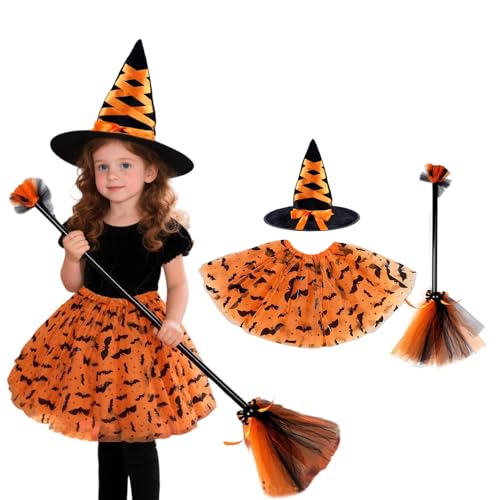 Halloween Kostüm Kinder Hexe Set, Hexenbesen, TüTü Rock mit Hexen Hut, Witch Costume Girl für Faschingskostüme Karneval Kostüm 2-8 Jahre (Orange, 4–6 Jahre) von Generisch