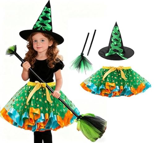 Halloween Kostüm Kinder Hexe Set, Hexenbesen, TüTü Rock mit Hexen Hut, Witch Costume Girl für Faschingskostüme Karneval Kostüm 2-8 Jahre (P-Grün, 2–4 Jahre) von Generisch