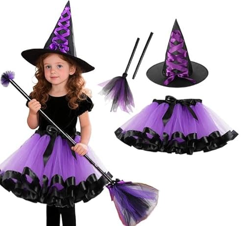 Halloween Kostüm Kinder Hexe Set, Hexenbesen, TüTü Rock mit Hexen Hut, Witch Costume Girl für Faschingskostüme Karneval Kostüm 2-8 Jahre (P-Lila, 2–4 Jahre) von Generisch