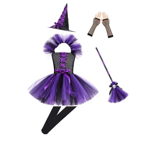 Halloween Kostüm Kinder Hexe Set, Hexenkostüm Mädchen, Hexenbesen, TüTü Rock mit Hexen Hut, Spitzenhandschuhe und Spitzensocken Witch Costume Girl für Faschingskostüme Karneval Kostüm von Generisch