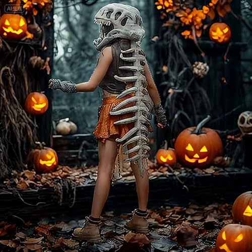 Halloween-Kostüme, realistisches Dinosaurier-Skelett-Kostüm-Set, Halloween-Outfits, Dinosaurier-Totenkopf-Kopfbedeckung und Wirbelsäulen-Kostüm für Erwachsene, Cosplay (Erwachsene, 115 cm) von Generisch
