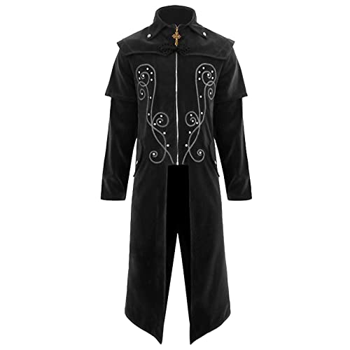 Halloween-Kostüme für Herren, Vintage-Stil, mittelalterlich, Gothic, Stehkragen, langer bestickter Mantel mit Kreuz-Reißverschluss, Karneval, Schwarz , L Halloween-Kostüme für Herren, Vintage-Stil, mittelalterlich, Gothic, Stehkragen, langer bestickter Mantel mit Kreuz-Reißverschluss, Karneval, Schwarz , L von Generisch