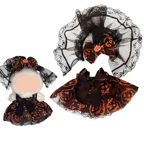 Halloween-Kürbis-Themen-Outfit-Set für 17 cm große Puppen, süßes Kleid mit Spitzenkopfbedeckung und Kürbis-Details, handgefertigtes gruseliges Kleid, Zubehör (Puppe nicht enthalten) von Generisch