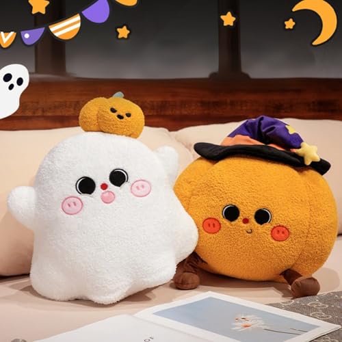 Halloween Kuscheltier, Kürbis Kuscheltier, Süßes Kissen, 38 cm großes Halloween-Kürbiskissen aus Plüsch mit Hexenhut und Kürbisgeist, geeignet für Jungen und Mädchen (Kürbisse und Geister) von Generisch