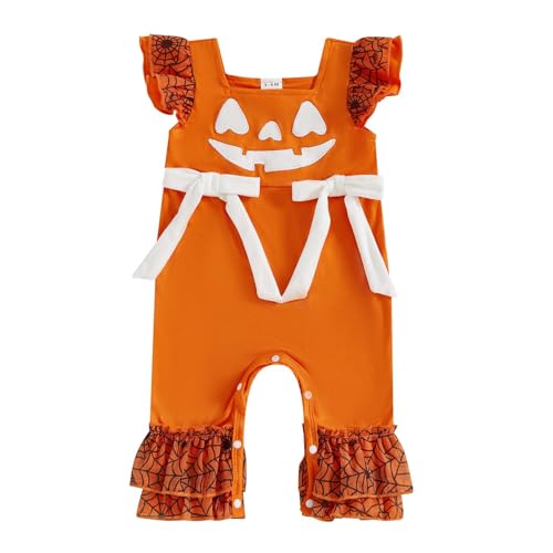 Halloween Mädchen Strampler - Niedlich Festlich Spielanzug Ärmellos Druckknöpfe Einteiler Kürbis Gesicht Rüschen Baby Kostüm Lustig Thematisch für Erstes Kostümfest Kita Feier von Generisch