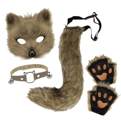 Halloween-Maske, Tierschwanz, Anzug, Handschuhe, verkleiden sich Fuchsohren, Cosplay, künstliche Plüsch-Requisiten (braun, Einheitsgröße) von Generisch