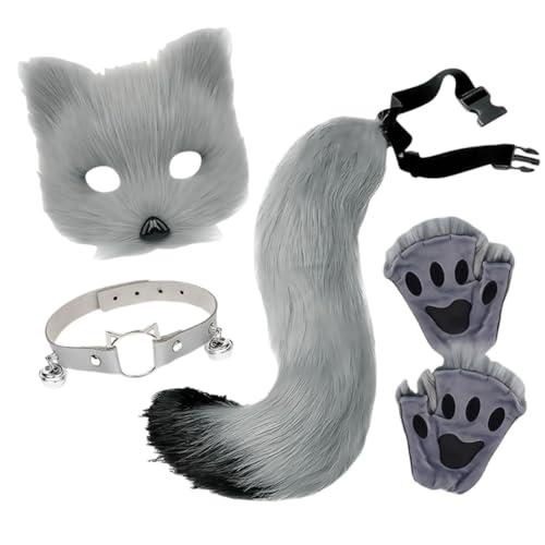 Halloween-Maske, Tierschwanz, Anzug, Handschuhe, verkleiden sich Fuchsohren, Cosplay, künstliche Plüsch-Requisiten (grau, schwarz, Einheitsgröße) von Generisch