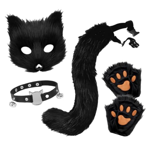 Halloween-Maske, Tierschwanz, Anzug, Handschuhe, verkleiden sich Fuchsohren, Cosplay, künstliche Plüsch-Requisiten (schwarz, Einheitsgröße) von Generisch